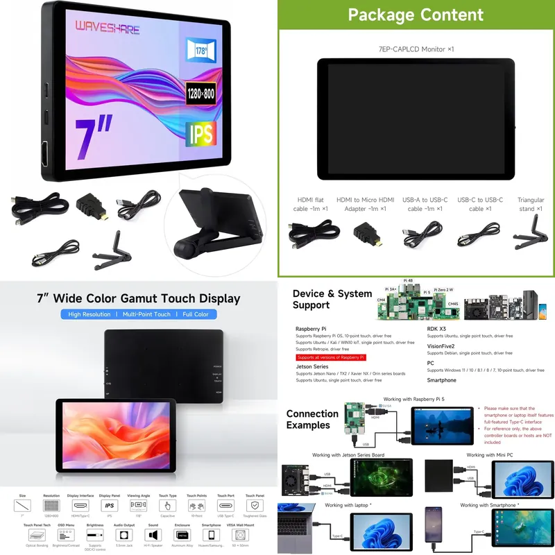 Raspberry Pi 5 - Aismartlink Waveshare 7インチ 1280x800 静電容量式タッチディスプレイ Raspberry