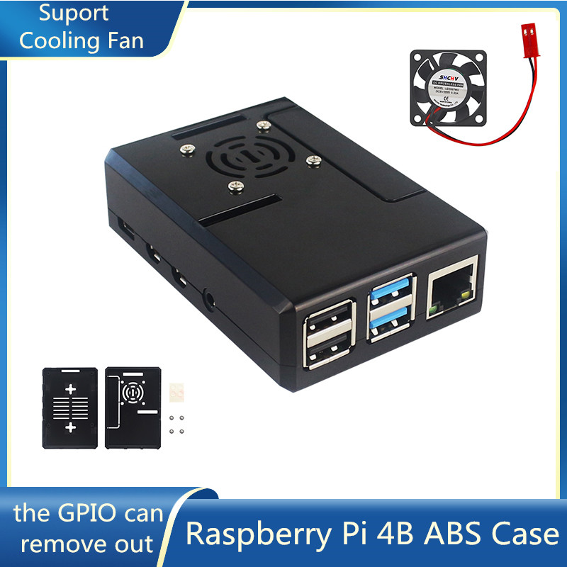 Pi Cooler - ラズベリーパイ用ABSケース ブラックプラスチックシェル 取り外し可能なGPIOカバー オプションで冷却ファン付き ラズベリーパイ4B用