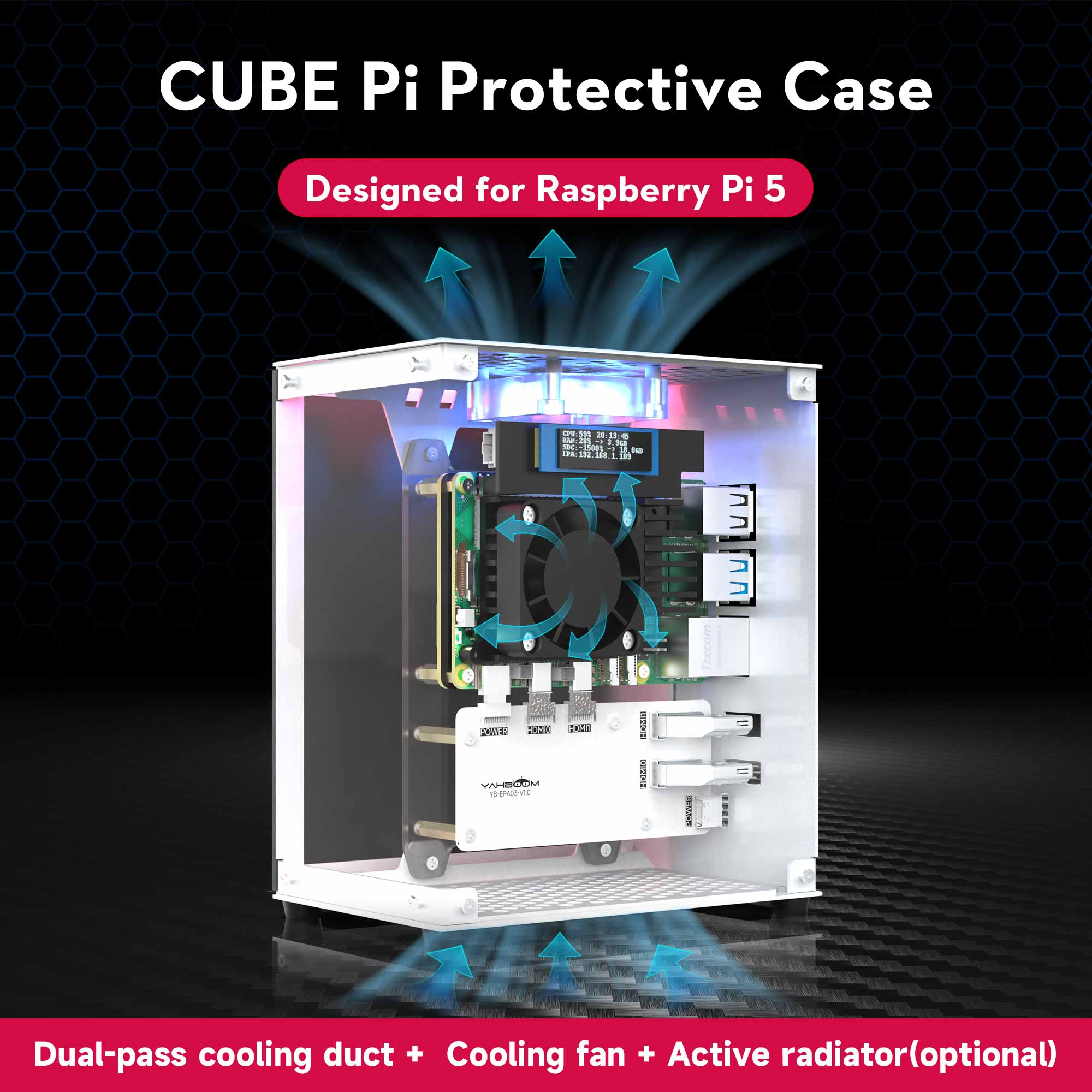 Pi 5 Case - Raspberry Pi 5ケース保護キット,冷却ファン付きケース,RGBカラーライト,0.96画面ディスプレイ,DIY電子シェル,m.2 SSDと互換性あり
